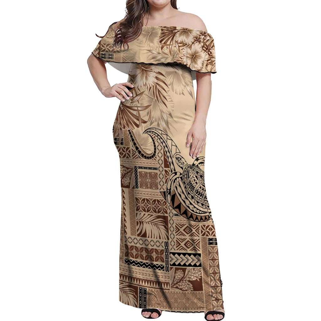 Vaiaso o le Gagana Samoa Off Shoulder Maxi Dress Siapo Motif Beige