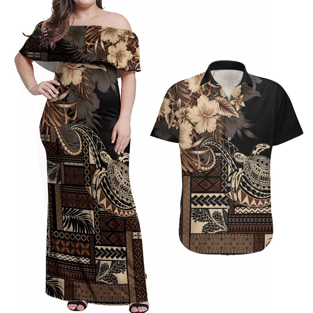 Vaiaso o le Gagana Samoa Couples Matching Off Shoulder Maxi Dress and Hawaiian Shirt Siapo Motif Black