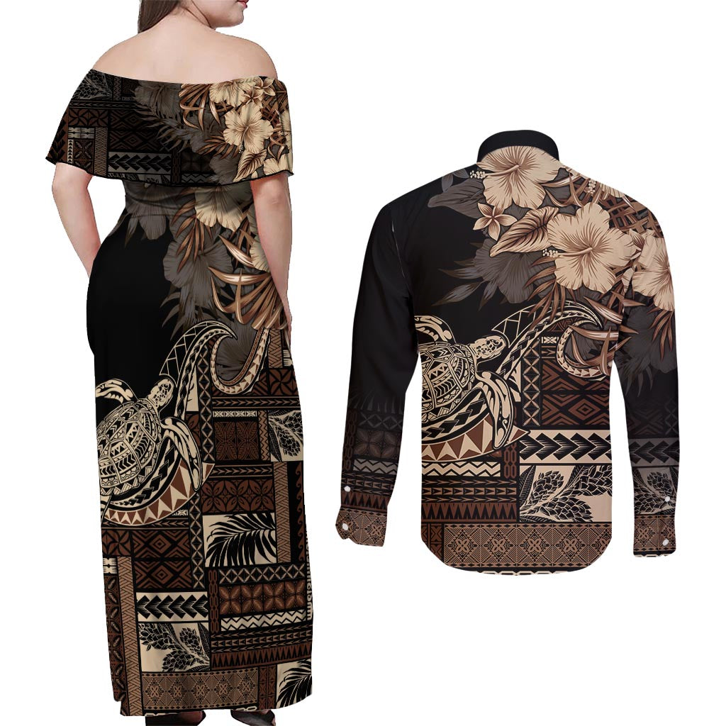 Vaiaso o le Gagana Samoa Couples Matching Off Shoulder Maxi Dress and Long Sleeve Button Shirt Siapo Motif Black