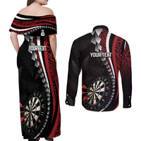 Personalized New Zealand Darts Couples Matching Off Shoulder Maxi Dress and Long Sleeve Button Shirt Kowhaiwhai Whero Koiri - Manaia