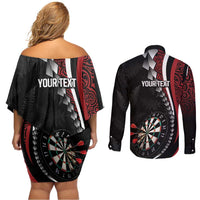 Personalized New Zealand Darts Couples Matching Off Shoulder Short Dress and Long Sleeve Button Shirt Kowhaiwhai Whero Koiri - Manaia