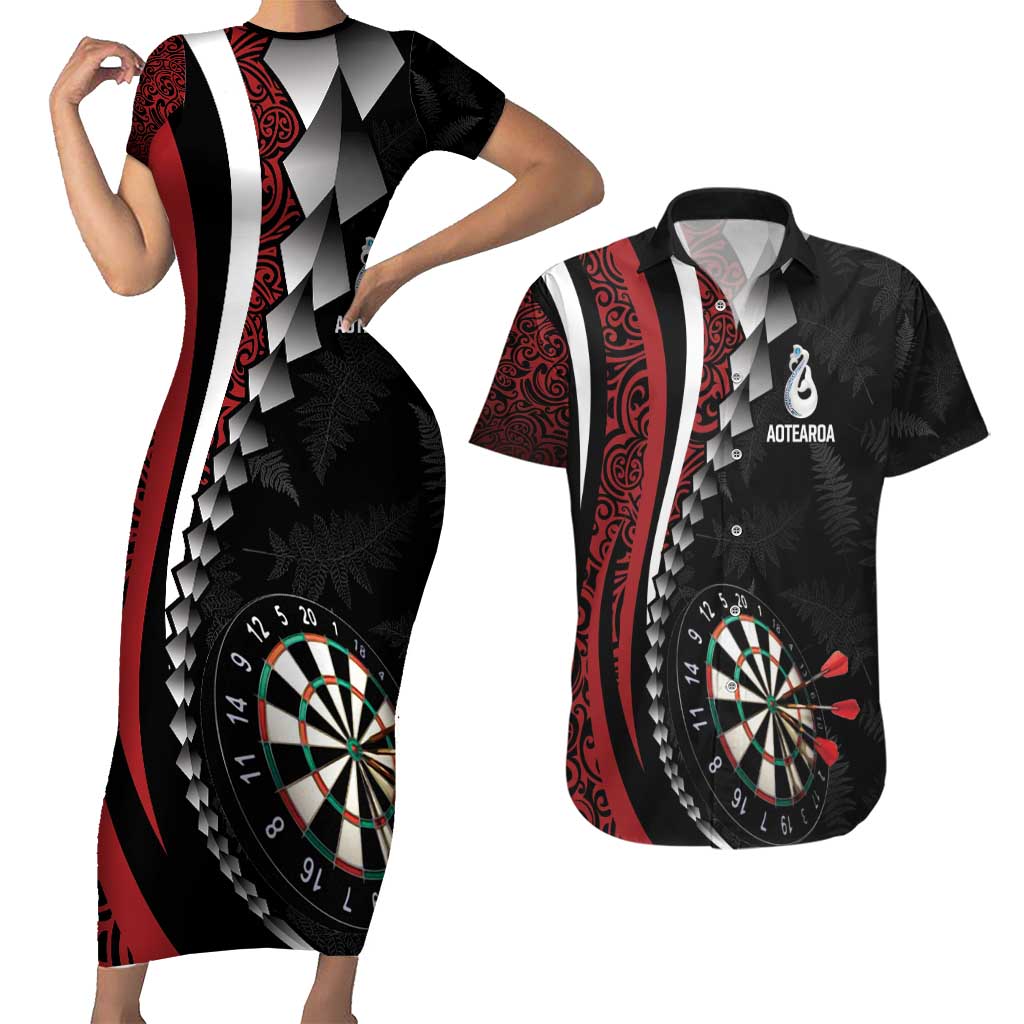 Personalized New Zealand Darts Couples Matching Short Sleeve Bodycon Dress and Hawaiian Shirt Kowhaiwhai Whero Koiri - Manaia