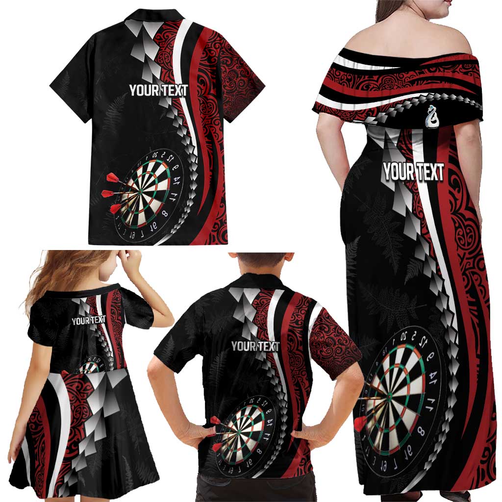 Personalized New Zealand Darts Family Matching Off Shoulder Maxi Dress and Hawaiian Shirt Kowhaiwhai Whero Koiri - Manaia