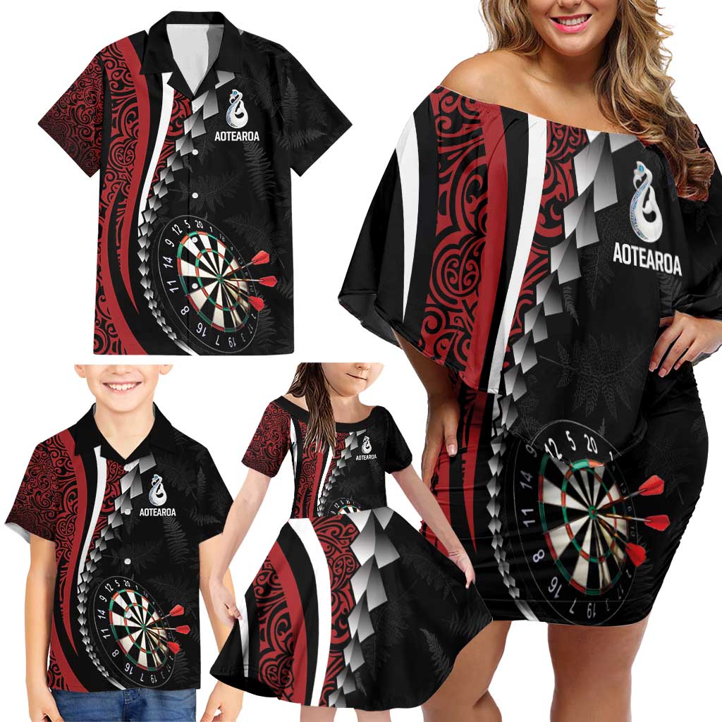 Personalized New Zealand Darts Family Matching Off Shoulder Short Dress and Hawaiian Shirt Kowhaiwhai Whero Koiri - Manaia
