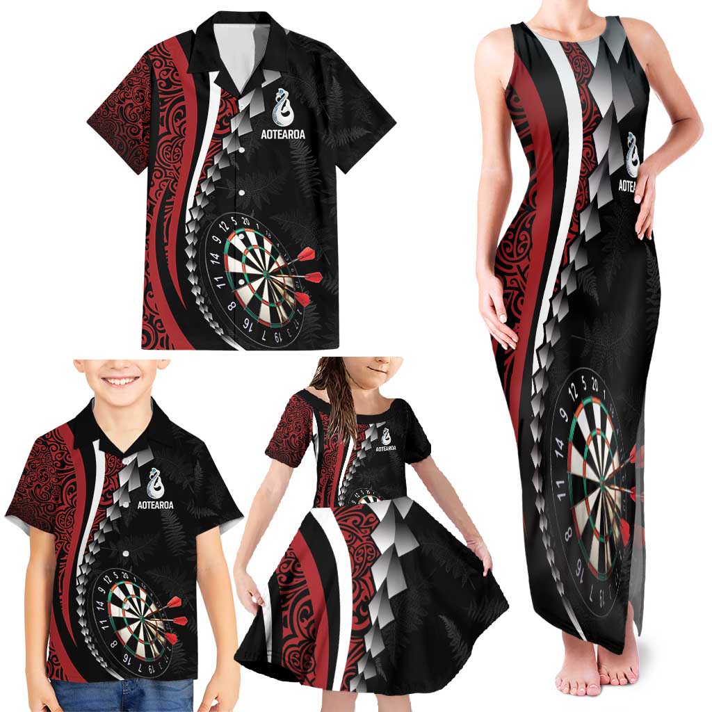 Personalized New Zealand Darts Family Matching Tank Maxi Dress and Hawaiian Shirt Kowhaiwhai Whero Koiri - Manaia