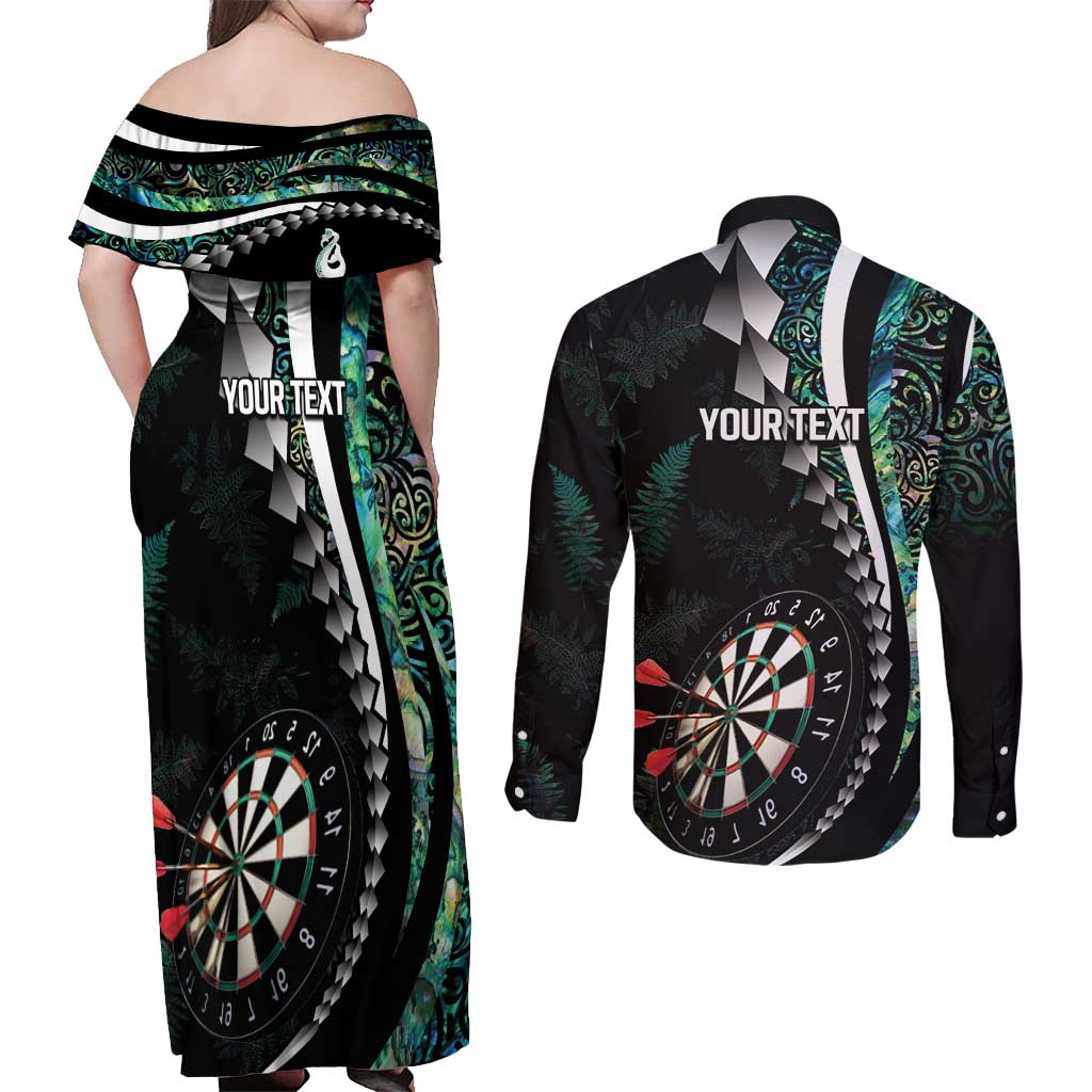 Personalized New Zealand Darts Couples Matching Off Shoulder Maxi Dress and Long Sleeve Button Shirt Paua Shell Koiri - Manaia