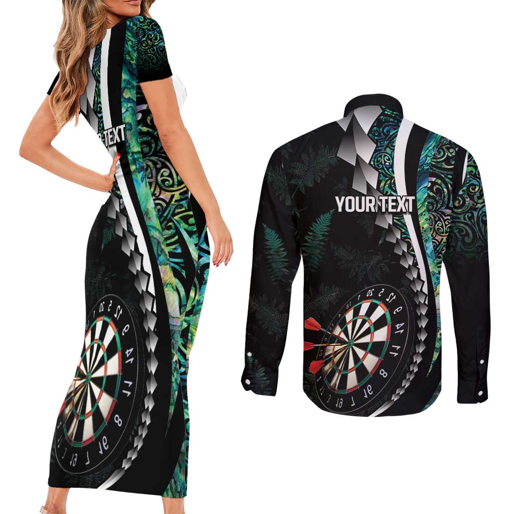 Personalized New Zealand Darts Couples Matching Short Sleeve Bodycon Dress and Long Sleeve Button Shirt Paua Shell Koiri - Manaia