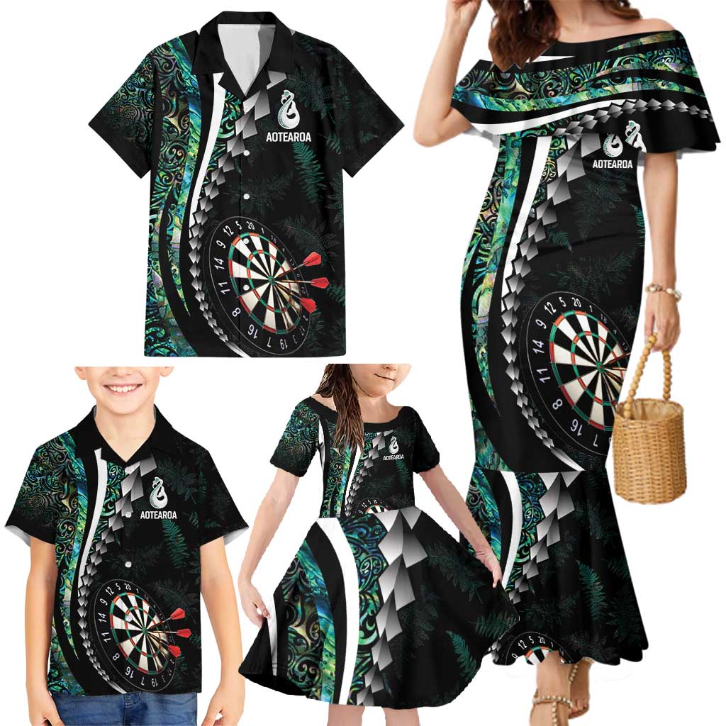 Personalized New Zealand Darts Family Matching Mermaid Dress and Hawaiian Shirt Paua Shell Koiri - Manaia
