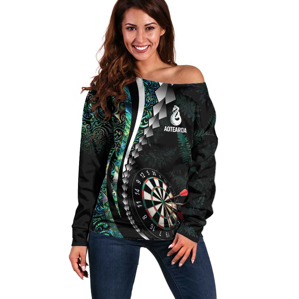 Personalized New Zealand Darts Off Shoulder Sweater Paua Shell Koiri - Manaia