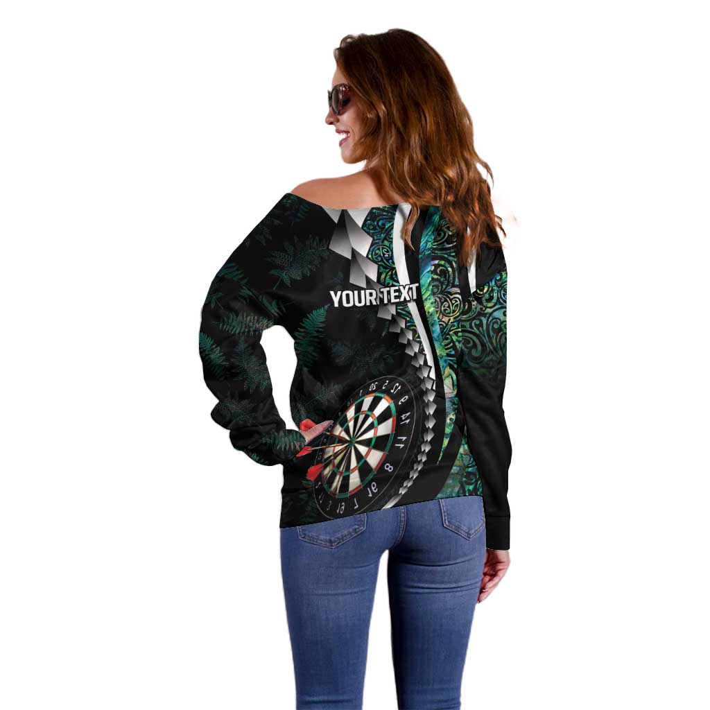 Personalized New Zealand Darts Off Shoulder Sweater Paua Shell Koiri - Manaia