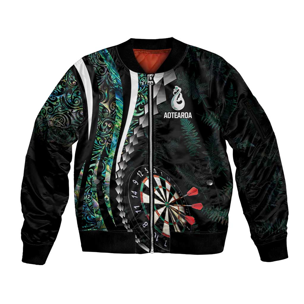Personalized New Zealand Darts Sleeve Zip Bomber Jacket Paua Shell Koiri - Manaia