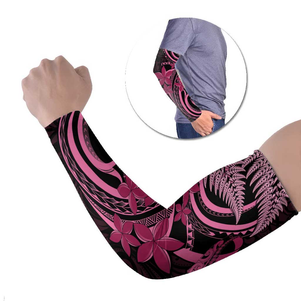 Aotearoa Maori Arm Sleeves Pink Fern Ribbons on Black - Polynesian Pride