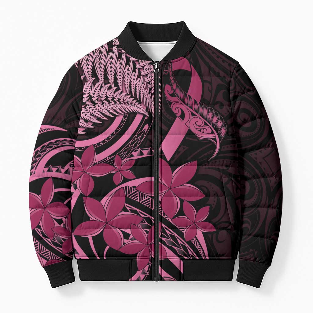 Aotearoa Maori Bomber Puffer Jacket Pink Fern Ribbons on Black LT7 Unisex Black - Polynesian Pride