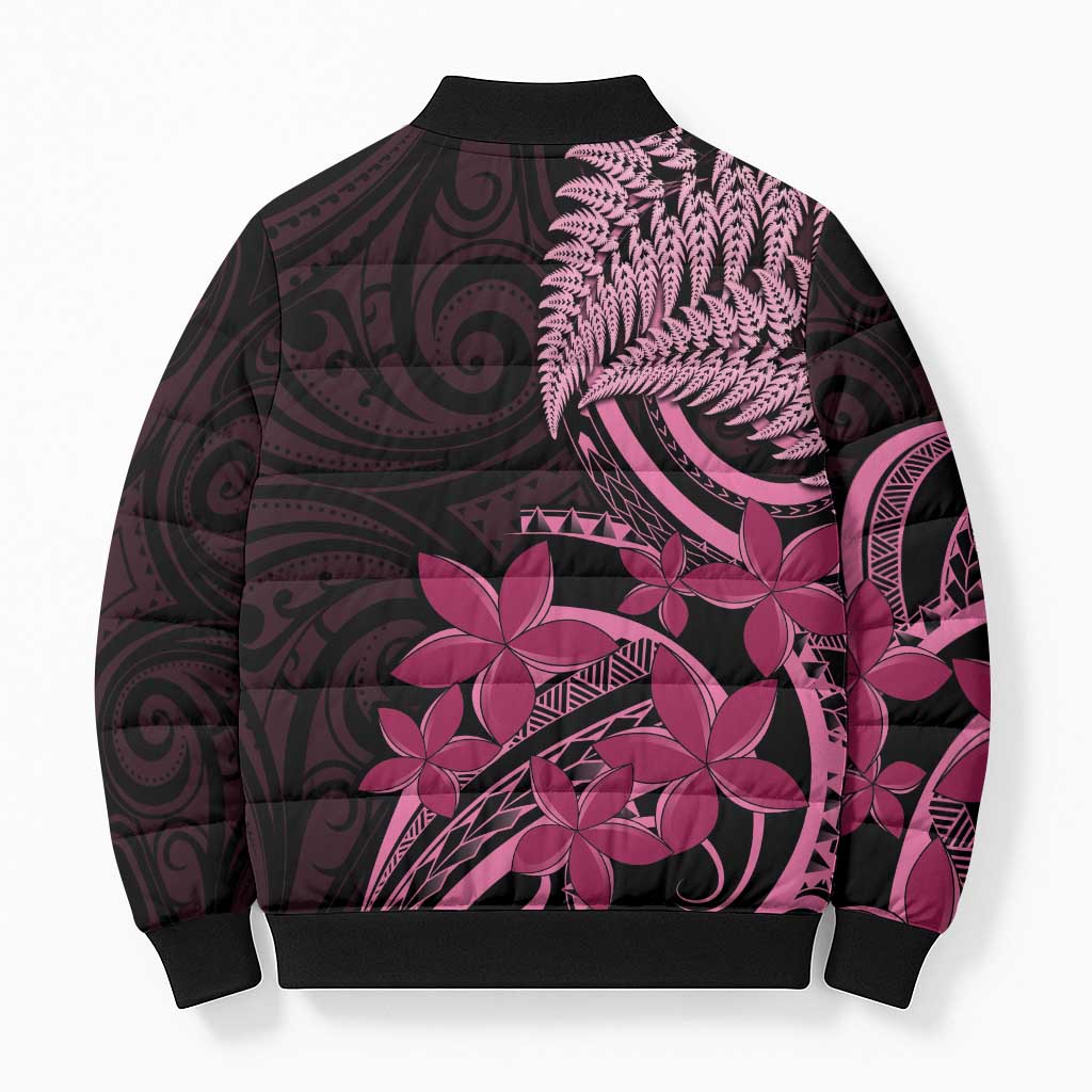 Aotearoa Maori Bomber Puffer Jacket Pink Fern Ribbons on Black LT7 - Polynesian Pride