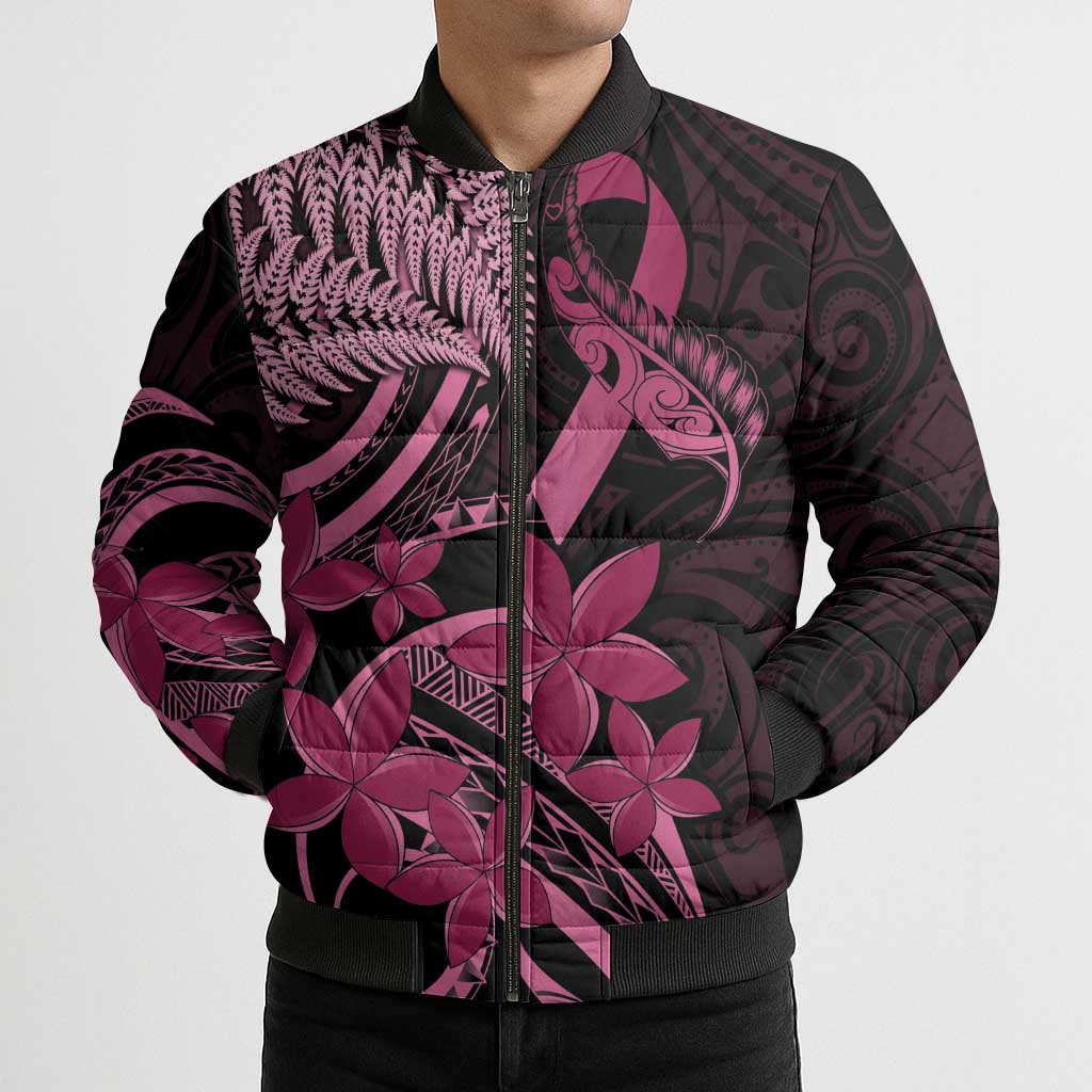 Aotearoa Maori Bomber Puffer Jacket Pink Fern Ribbons on Black LT7 - Polynesian Pride