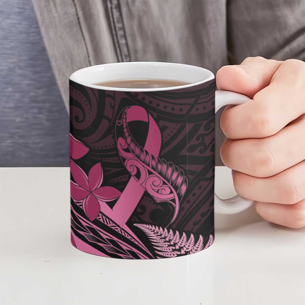Aotearoa Maori Ceramic Mug Pink Fern Ribbons on Black - Polynesian Pride