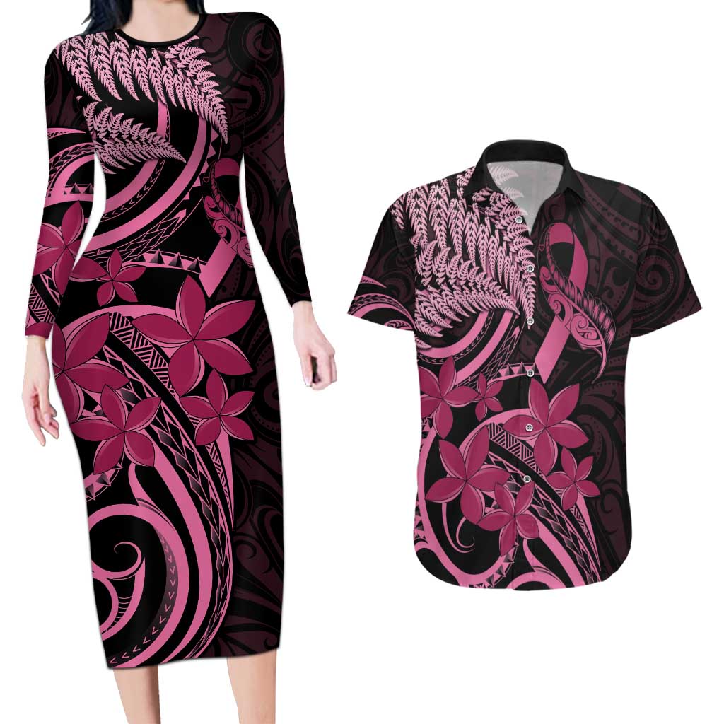 Aotearoa Maori Couples Matching Long Sleeve Bodycon Dress and Hawaiian Shirt Pink Fern Ribbons on Black - Polynesian Pride
