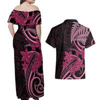 Aotearoa Maori Couples Matching Off Shoulder Maxi Dress and Hawaiian Shirt Pink Fern Ribbons on Black - Polynesian Pride