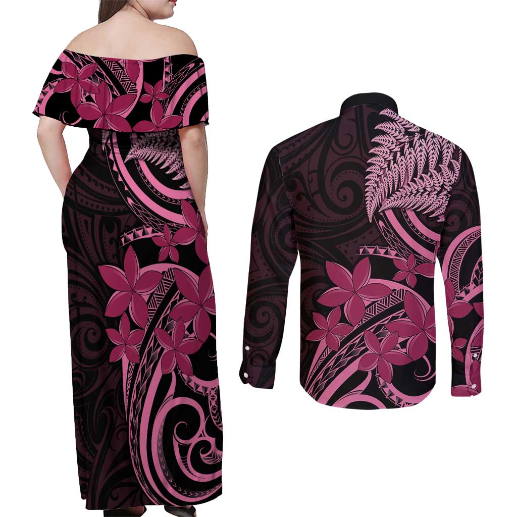 Aotearoa Maori Couples Matching Off Shoulder Maxi Dress and Long Sleeve Button Shirt Pink Fern Ribbons on Black LT7 - Polynesian Pride