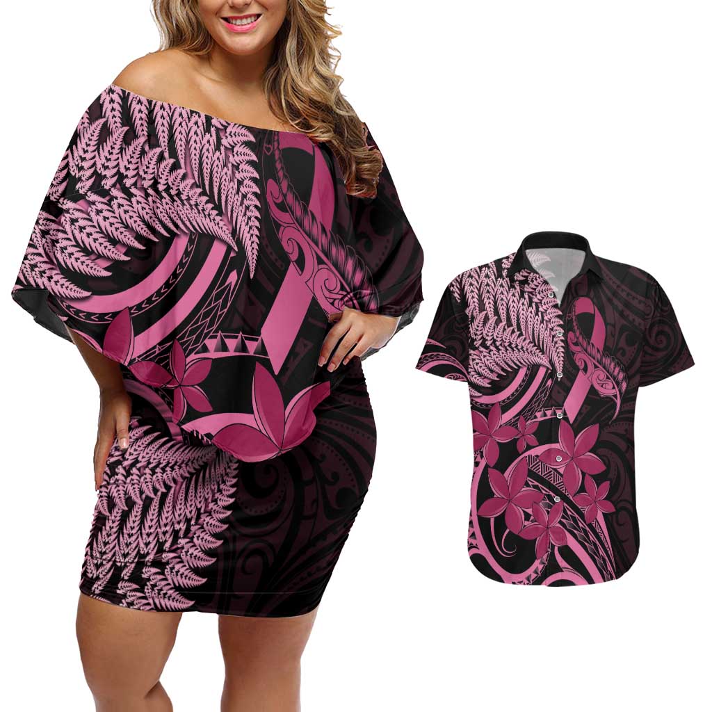 Aotearoa Maori Couples Matching Off Shoulder Short Dress and Hawaiian Shirt Pink Fern Ribbons on Black - Polynesian Pride