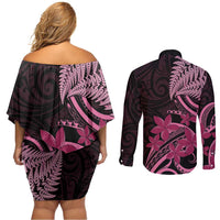 Aotearoa Maori Couples Matching Off Shoulder Short Dress and Long Sleeve Button Shirt Pink Fern Ribbons on Black LT7 - Polynesian Pride