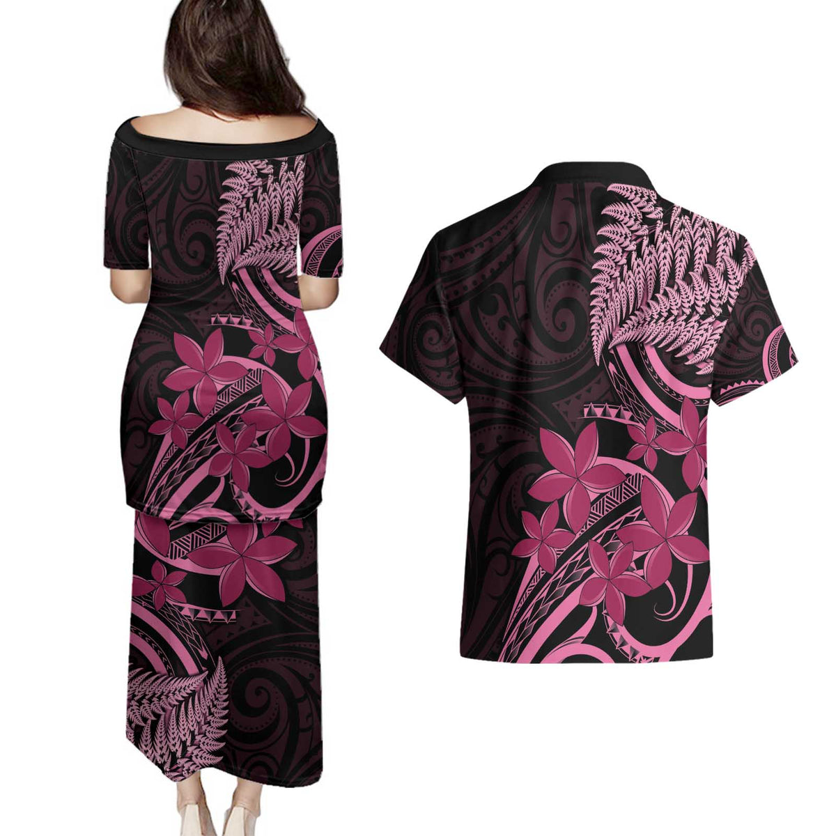 Aotearoa Maori Couples Matching Puletasi and Hawaiian Shirt Pink Fern Ribbons on Black LT7 - Polynesian Pride