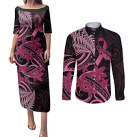 Aotearoa Maori Couples Matching Puletasi and Long Sleeve Button Shirt Pink Fern Ribbons on Black LT7 Black - Polynesian Pride