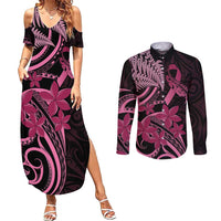 Aotearoa Maori Couples Matching Summer Maxi Dress and Long Sleeve Button Shirt Pink Fern Ribbons on Black LT7 Black - Polynesian Pride