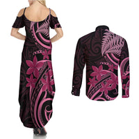 Aotearoa Maori Couples Matching Summer Maxi Dress and Long Sleeve Button Shirt Pink Fern Ribbons on Black LT7 - Polynesian Pride