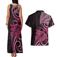 Aotearoa Maori Couples Matching Tank Maxi Dress and Hawaiian Shirt Pink Fern Ribbons on Black - Polynesian Pride