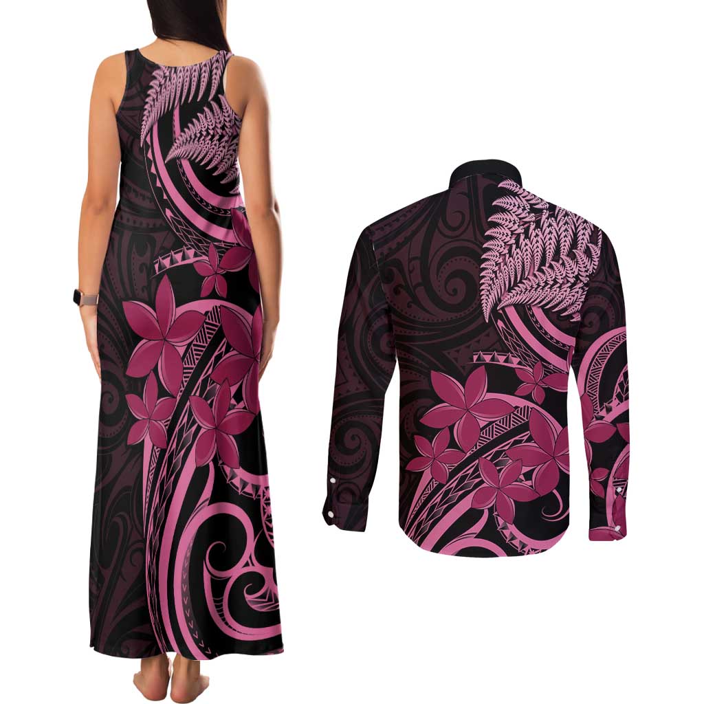 Aotearoa Maori Couples Matching Tank Maxi Dress and Long Sleeve Button Shirt Pink Fern Ribbons on Black LT7 - Polynesian Pride