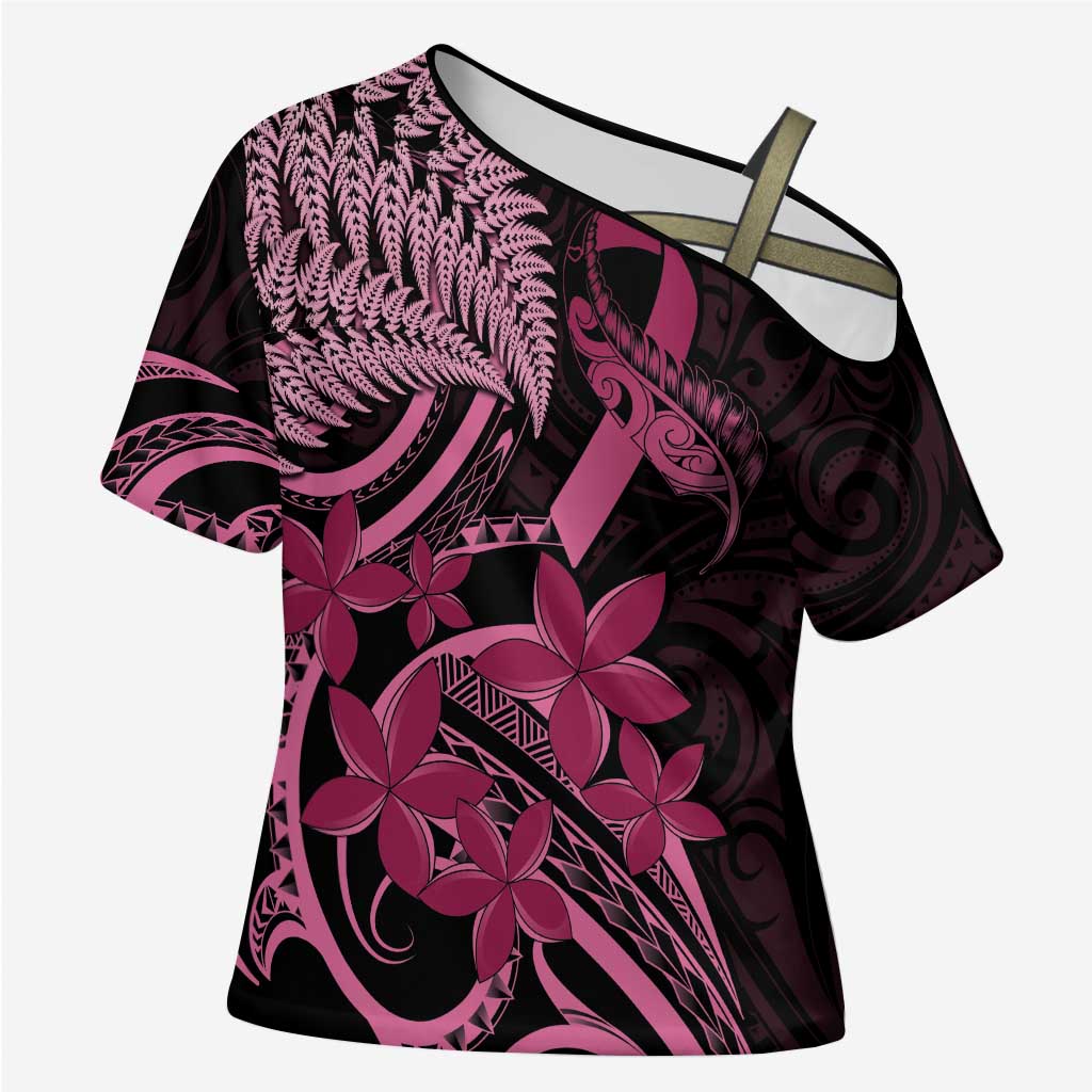 Aotearoa Maori Cross Shoulder Shirt Pink Fern Ribbons on Black LT7 Female Black - Polynesian Pride