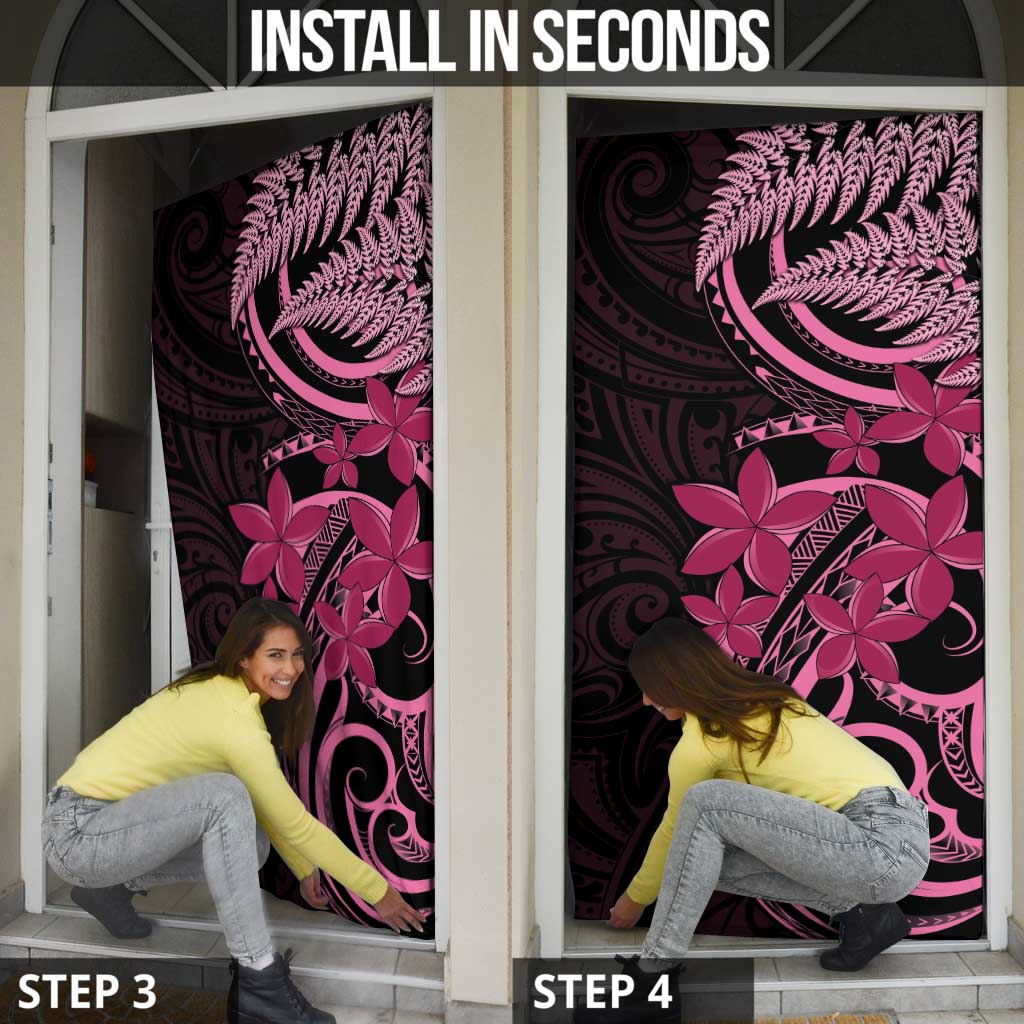 Aotearoa Maori Door Cover Pink Fern Ribbons on Black - Polynesian Pride