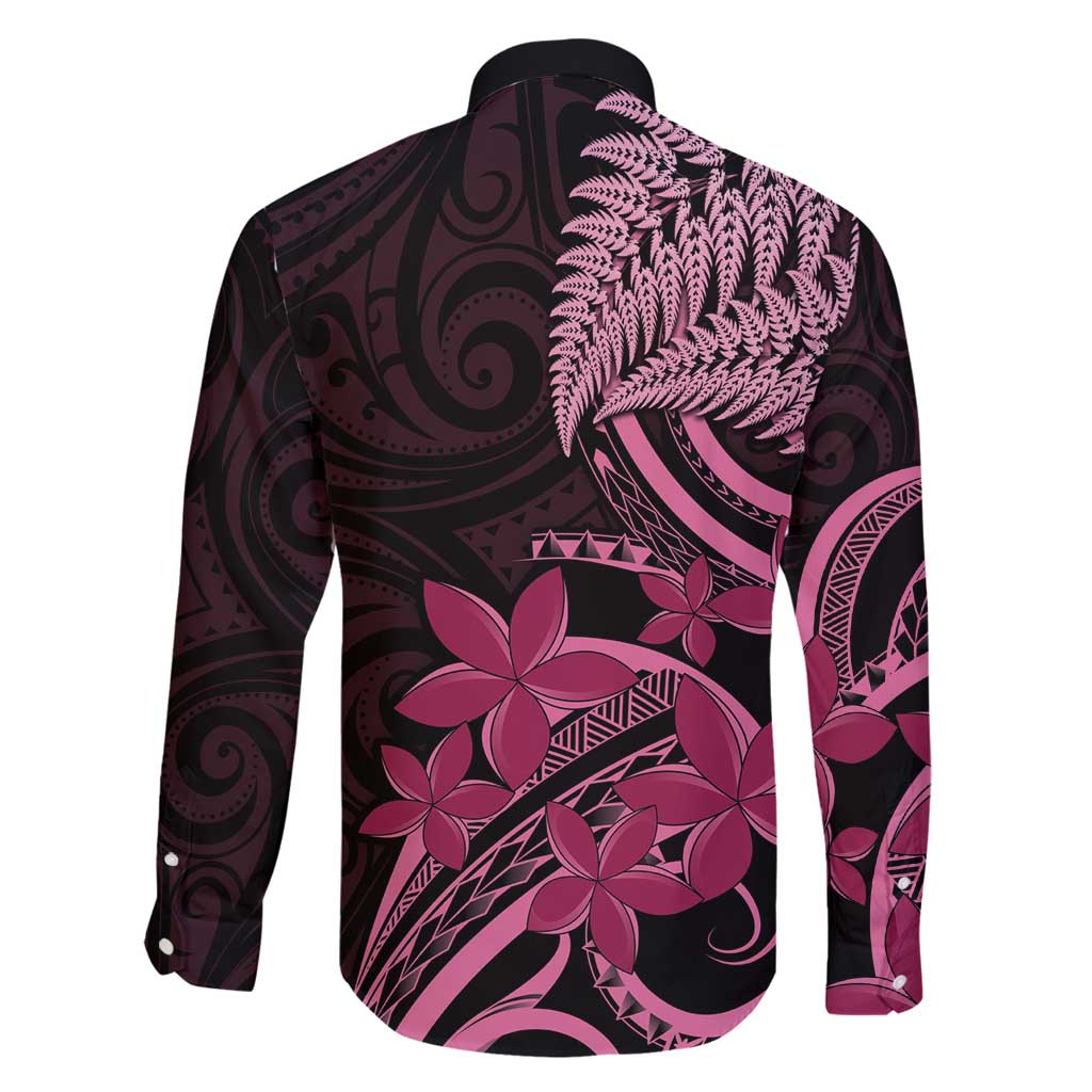Aotearoa Maori Family Matching Long Sleeve Bodycon Dress and Hawaiian Shirt Pink Fern Ribbons on Black - Polynesian Pride