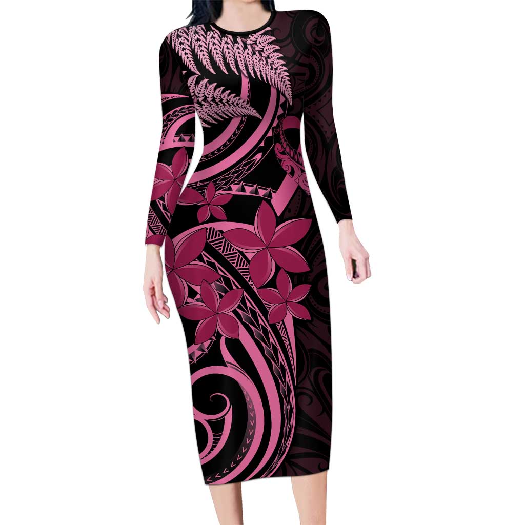 Aotearoa Maori Family Matching Long Sleeve Bodycon Dress and Hawaiian Shirt Pink Fern Ribbons on Black - Polynesian Pride