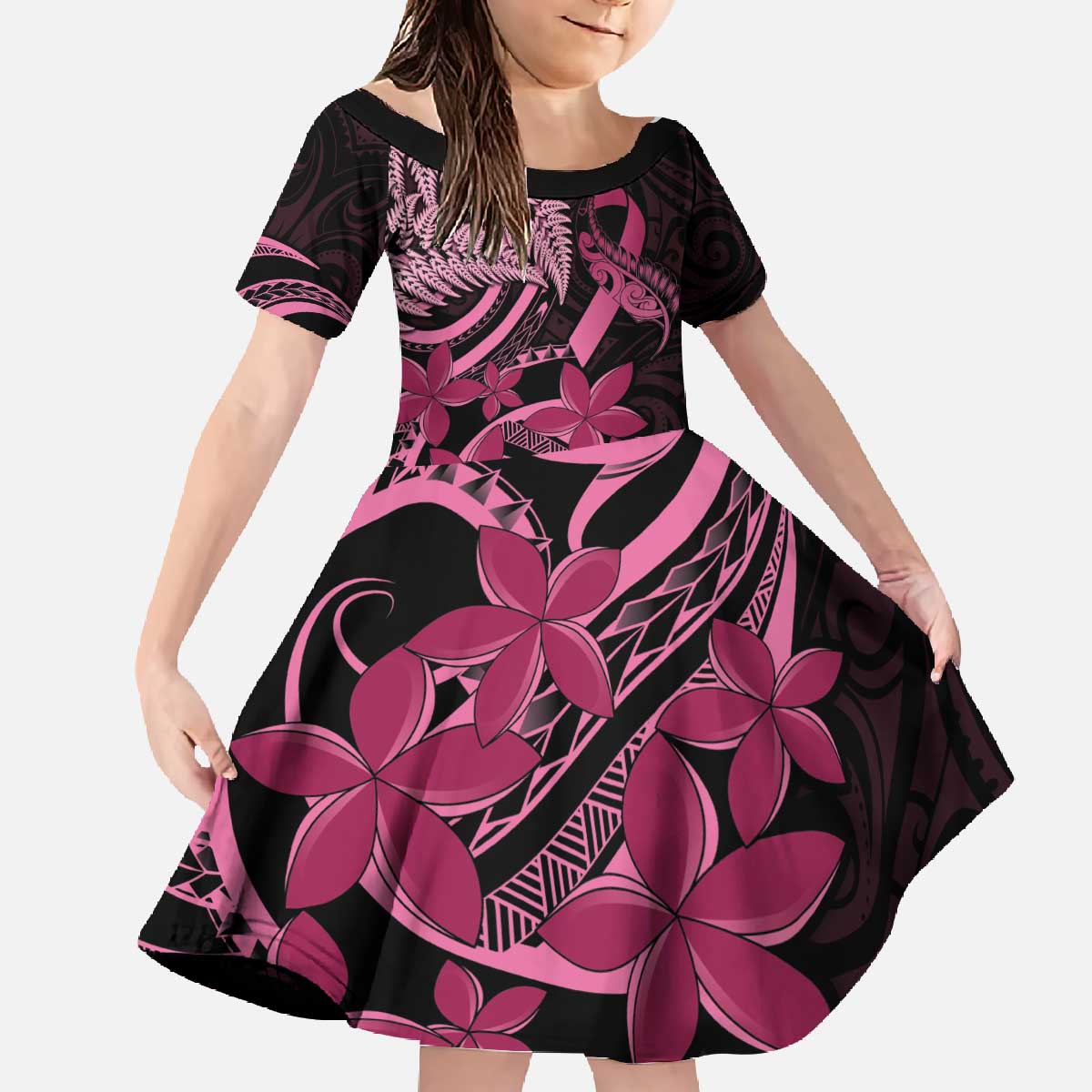 Aotearoa Maori Family Matching Off The Shoulder Long Sleeve Dress and Hawaiian Shirt Pink Fern Ribbons on Black - Polynesian Pride