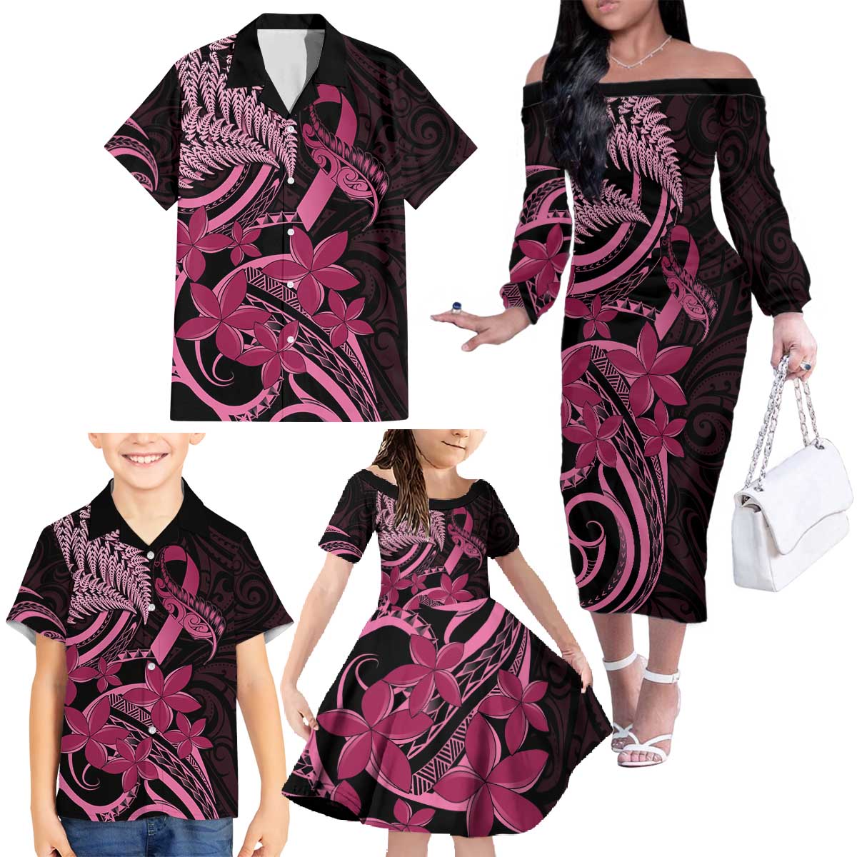 Aotearoa Maori Family Matching Off The Shoulder Long Sleeve Dress and Hawaiian Shirt Pink Fern Ribbons on Black - Polynesian Pride