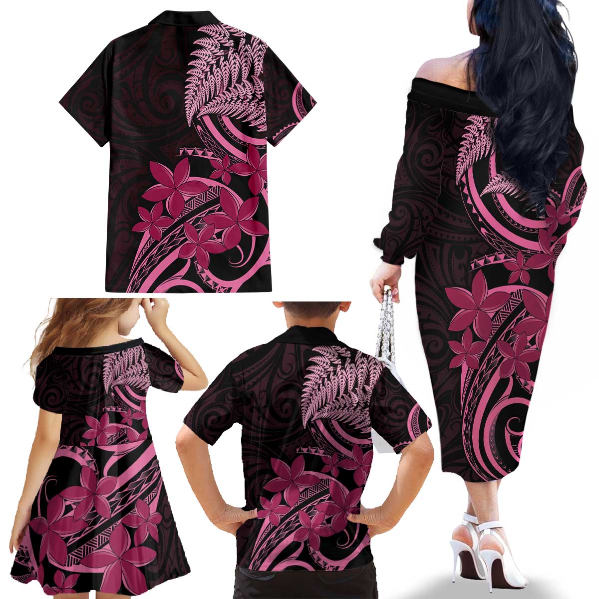 Aotearoa Maori Family Matching Off The Shoulder Long Sleeve Dress and Hawaiian Shirt Pink Fern Ribbons on Black - Polynesian Pride