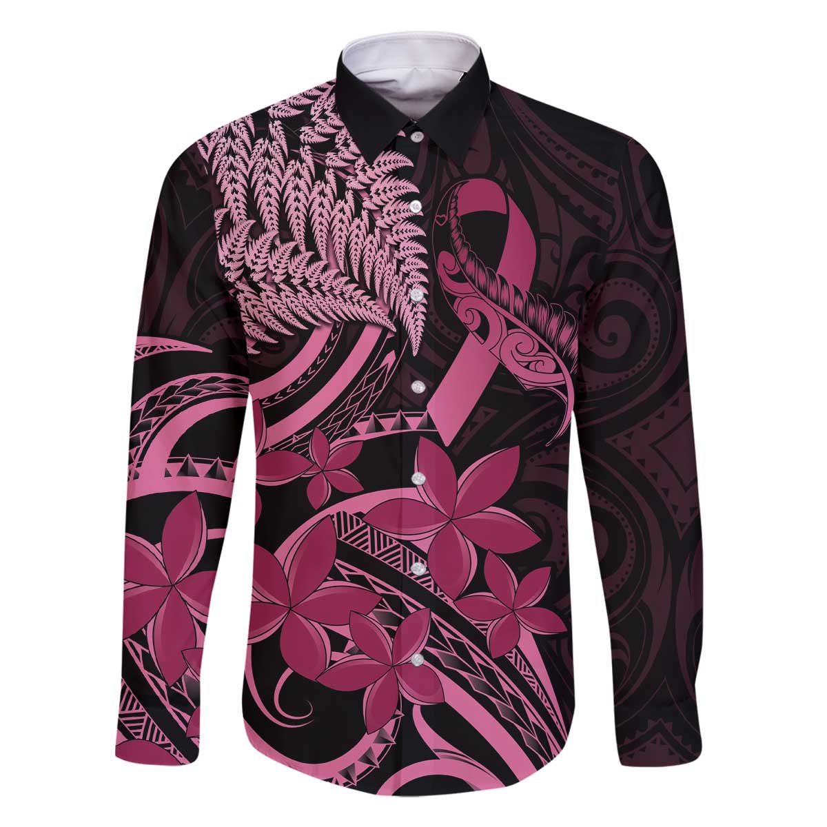 Aotearoa Maori Family Matching Off The Shoulder Long Sleeve Dress and Hawaiian Shirt Pink Fern Ribbons on Black - Polynesian Pride