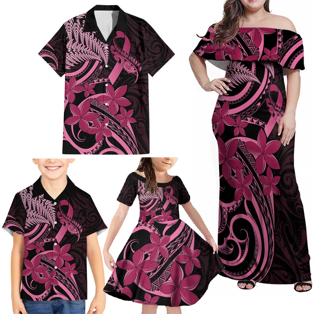 Aotearoa Maori Family Matching Off Shoulder Maxi Dress and Hawaiian Shirt Pink Fern Ribbons on Black - Polynesian Pride