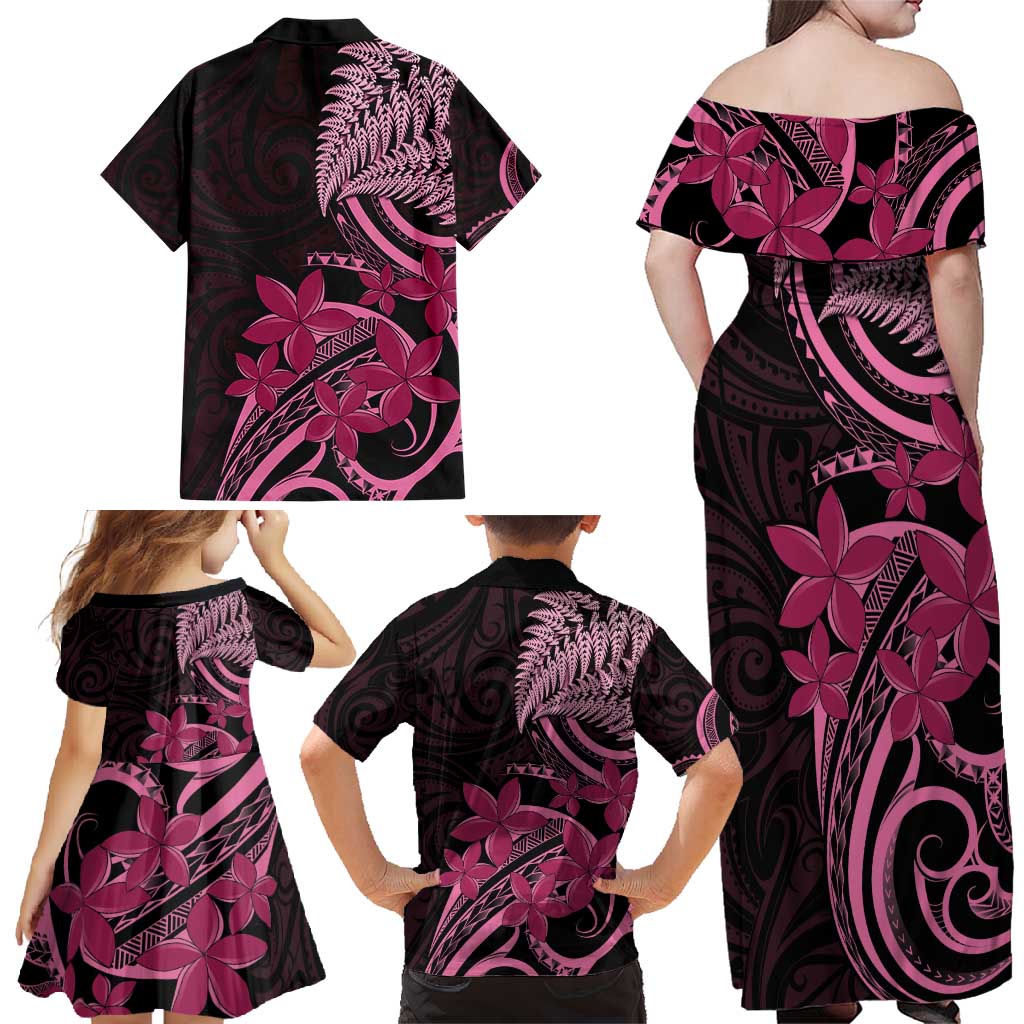 Aotearoa Maori Family Matching Off Shoulder Maxi Dress and Hawaiian Shirt Pink Fern Ribbons on Black - Polynesian Pride