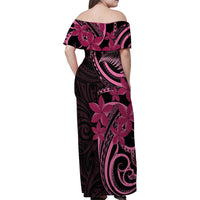 Aotearoa Maori Family Matching Off Shoulder Maxi Dress and Hawaiian Shirt Pink Fern Ribbons on Black - Polynesian Pride
