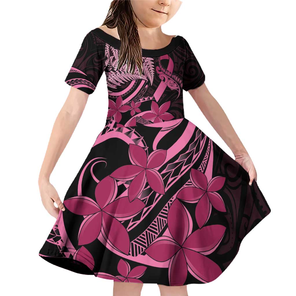 Aotearoa Maori Family Matching Off Shoulder Short Dress and Hawaiian Shirt Pink Fern Ribbons on Black - Polynesian Pride