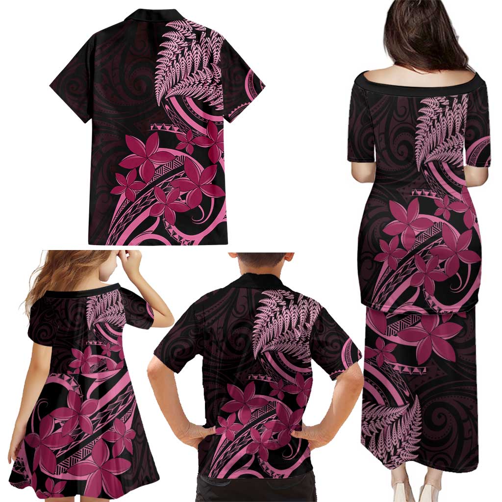 Aotearoa Maori Family Matching Puletasi and Hawaiian Shirt Pink Fern Ribbons on Black LT7 - Polynesian Pride
