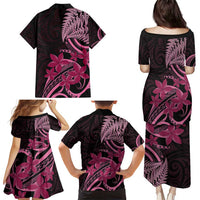 Aotearoa Maori Family Matching Puletasi and Hawaiian Shirt Pink Fern Ribbons on Black LT7 - Polynesian Pride