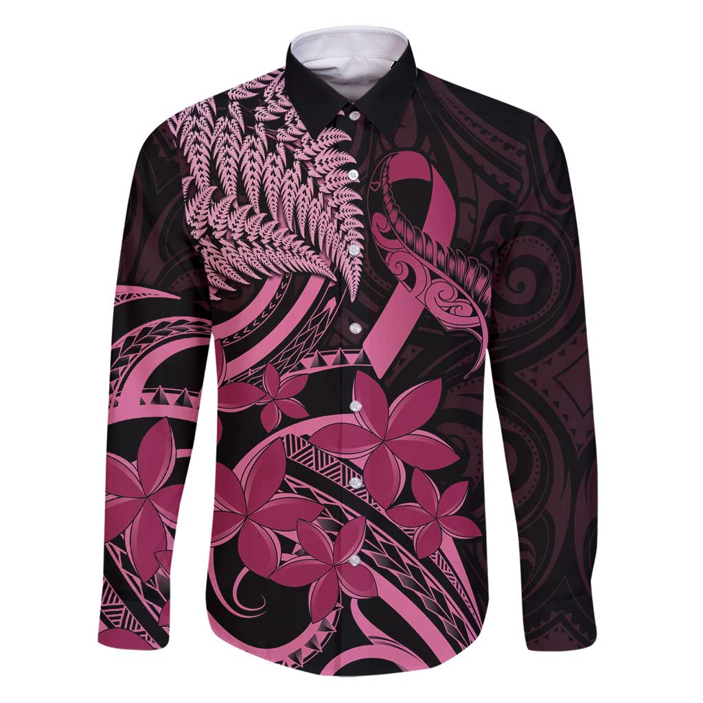Aotearoa Maori Family Matching Puletasi and Hawaiian Shirt Pink Fern Ribbons on Black LT7 Dad's Shirt - Long Sleeve Black - Polynesian Pride