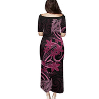 Aotearoa Maori Family Matching Puletasi and Hawaiian Shirt Pink Fern Ribbons on Black LT7 - Polynesian Pride