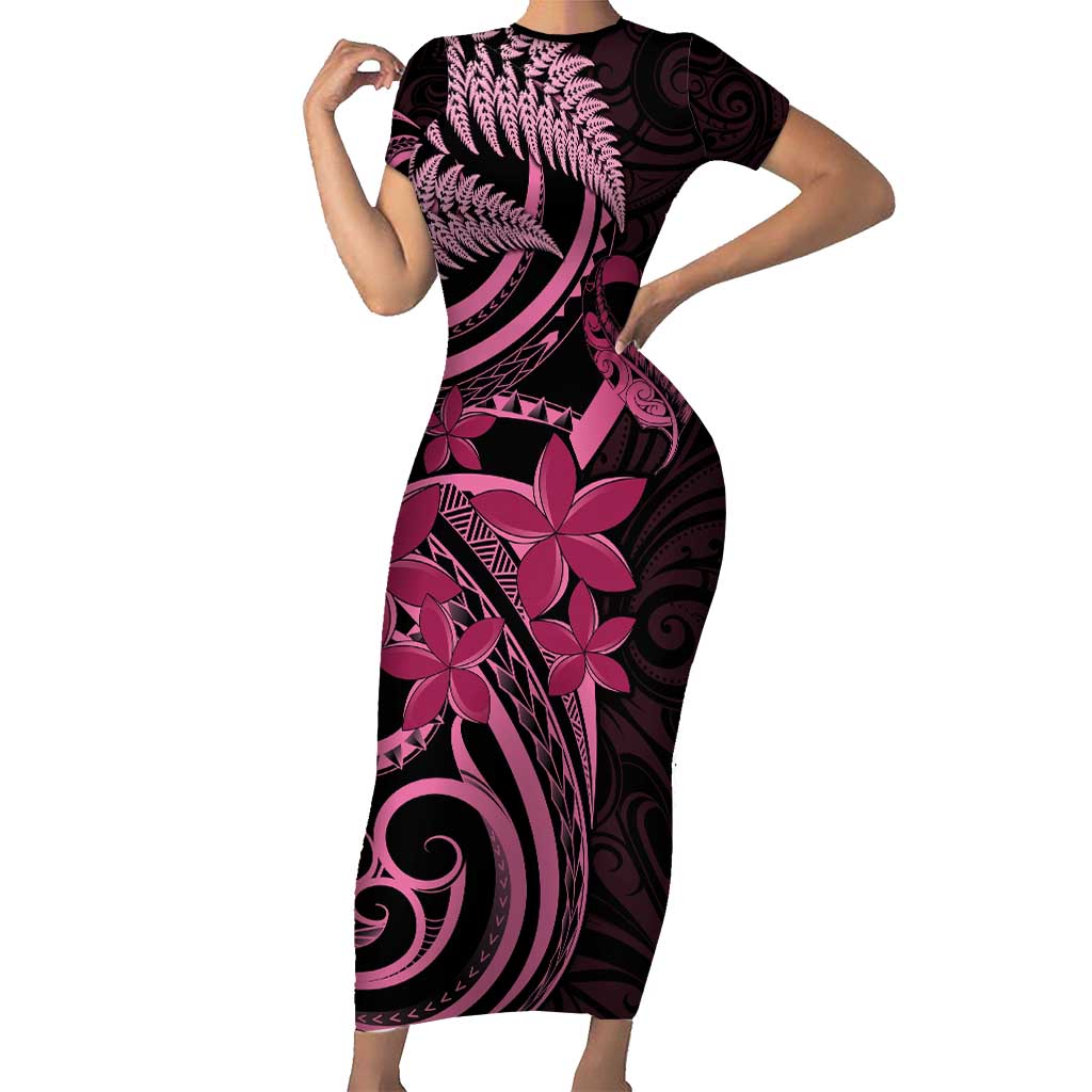 Aotearoa Maori Family Matching Short Sleeve Bodycon Dress and Hawaiian Shirt Pink Fern Ribbons on Black - Polynesian Pride