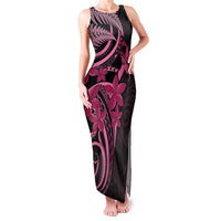 Aotearoa Maori Family Matching Tank Maxi Dress and Hawaiian Shirt Pink Fern Ribbons on Black - Polynesian Pride