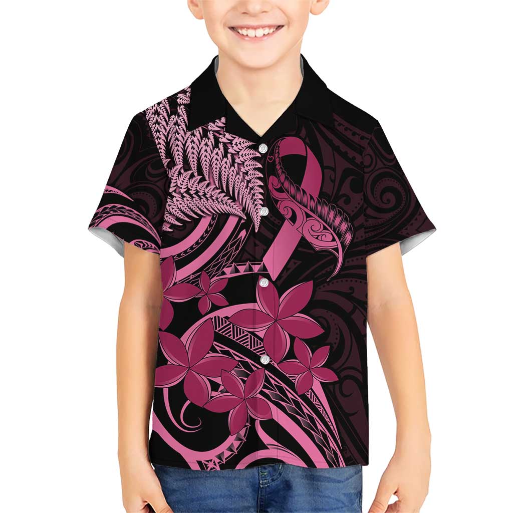 Aotearoa Maori Kid Hawaiian Shirt Pink Fern Ribbons on Black - Polynesian Pride